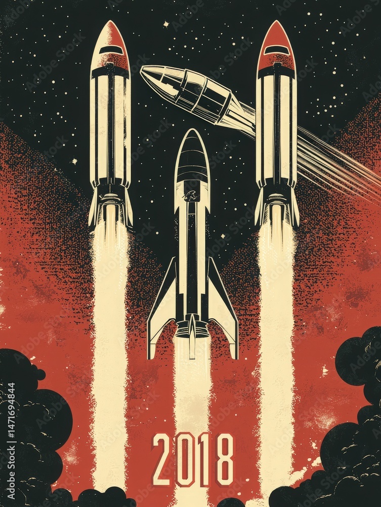 Three rockets blast off into a starry night sky, leaving trails of smoke behind. The artwork showcases a retro style, symbolizing exploration and innovation in the year 2018.