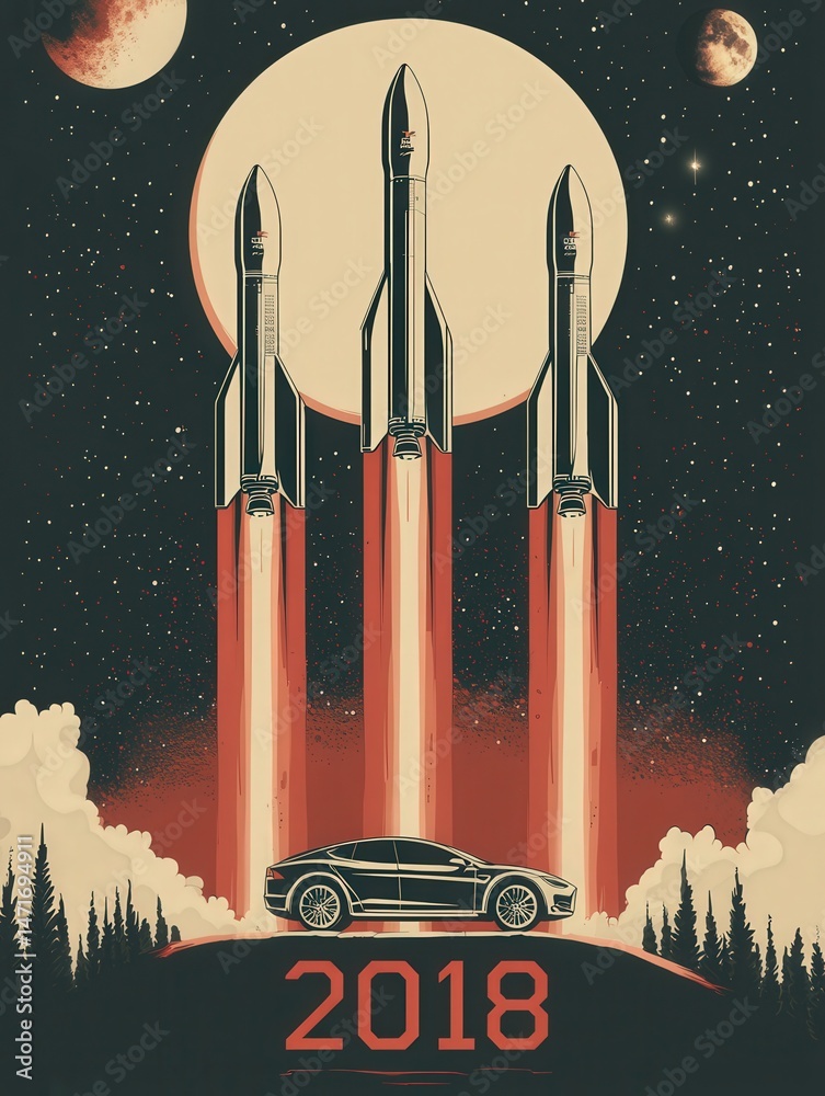 Three rockets launch against a starry sky, accompanied by a sleek car parked on a hill. The design highlights innovation and ambition in space travel during 2018.