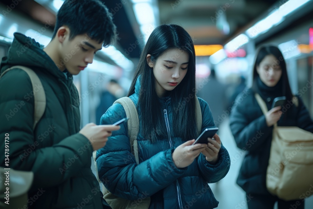 Three young individuals stand in a subway station, focused on their smartphones. The ambient lighting creates a modern urban atmosphere, emphasizing the connectivity of youth in transit.