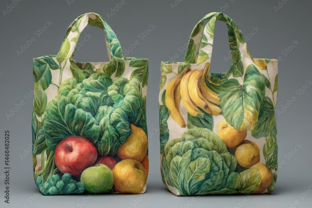 Tote bags are decorated with vibrant artwork of various fruits and vegetables. The designs showcase apples, bananas, and leafy greens, offering a fresh and organic look to sustainable fashion.