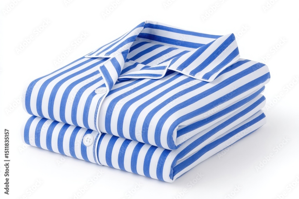 Two blue and white striped cotton shirts are folded neatly and stacked together. The shirts exhibit a classic design with a collar and button closure, showcasing crisp lines.
