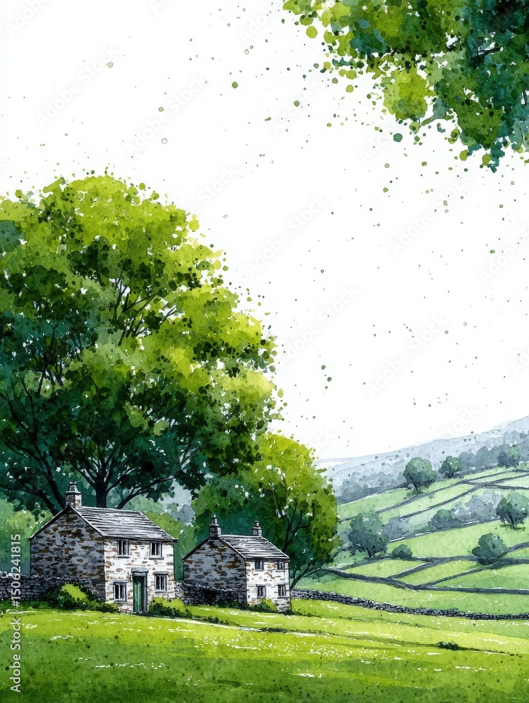 Two charming stone cottages nestled in a vibrant green landscape with large trees and distant hills. The peaceful rural setting reflects tranquility in a bright, sunny atmosphere.