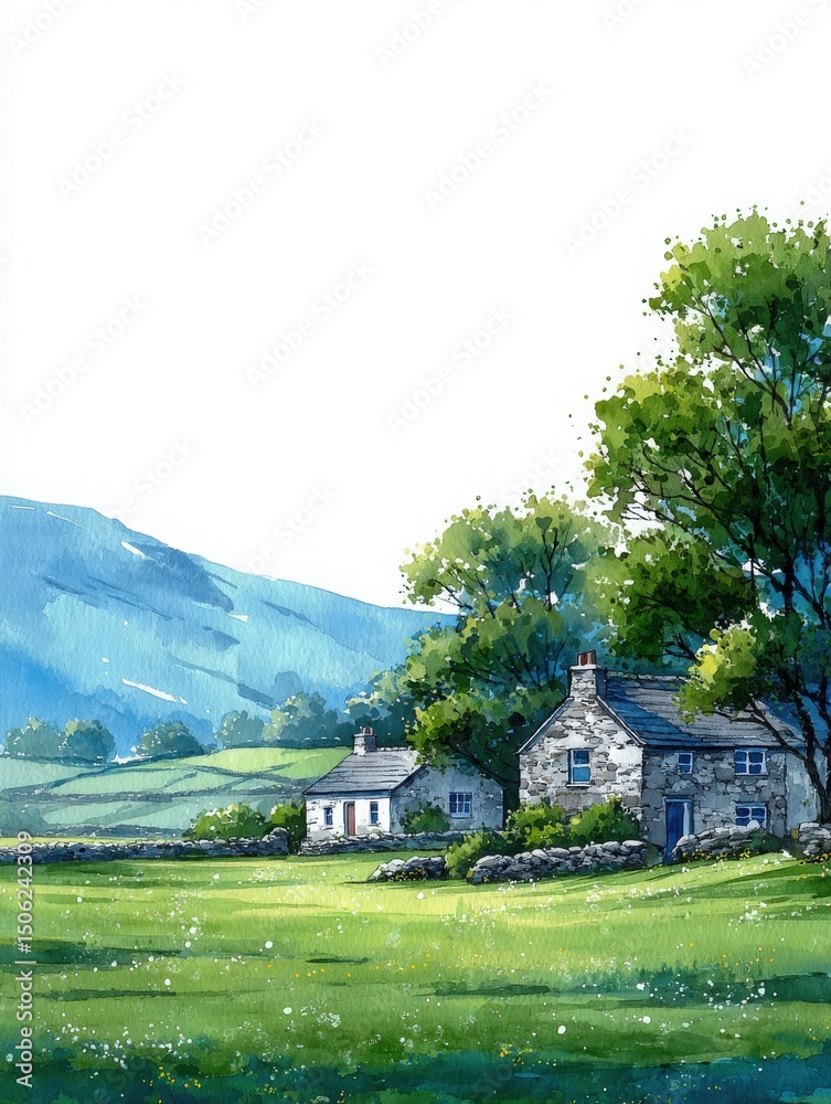 Two charming stone cottages sit amidst vibrant green fields, surrounded by trees and majestic hills. The scene captures a peaceful rural setting on a sunny day, showcasing natures tranquility.