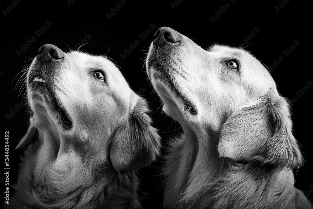 Two golden retrievers are gazing upwards with attentive expressions. The monochrome setting accentuates their features, highlighting the softness of their fur and the brightness of their eyes.