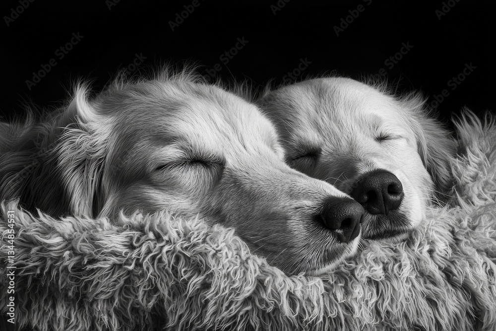 Two golden retrievers are resting side by side, their eyes closed in deep slumber. They are nestled in a soft, furry blanket, creating a serene and warm atmosphere.