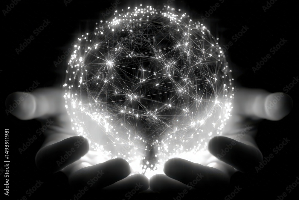 Two hands gently cradle a luminous globe made of interconnected lines and dots, symbolizing global networks and technology. The dark background emphasizes the glow of the globe, creating a contrast.