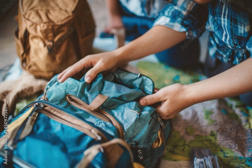 Two individuals are organizing their camping gear on a detailed map while packing a blue backpack. They are focused on ensuring everything is ready for their upcoming exploration.
