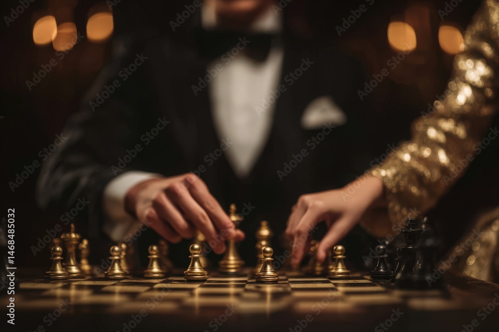 Two players engage in an intense chess match, displaying concentration and strategic thinking. The elegant atmosphere is enhanced by soft lights and classic attire, creating a captivating experience.