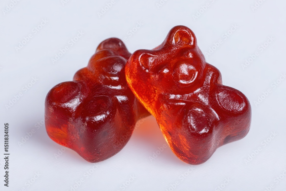 Two red gummy bear candies are positioned closely on a clean white background. Their glossy, chewy texture invites sweetness, perfect for satisfying cravings or sharing at gatherings.
