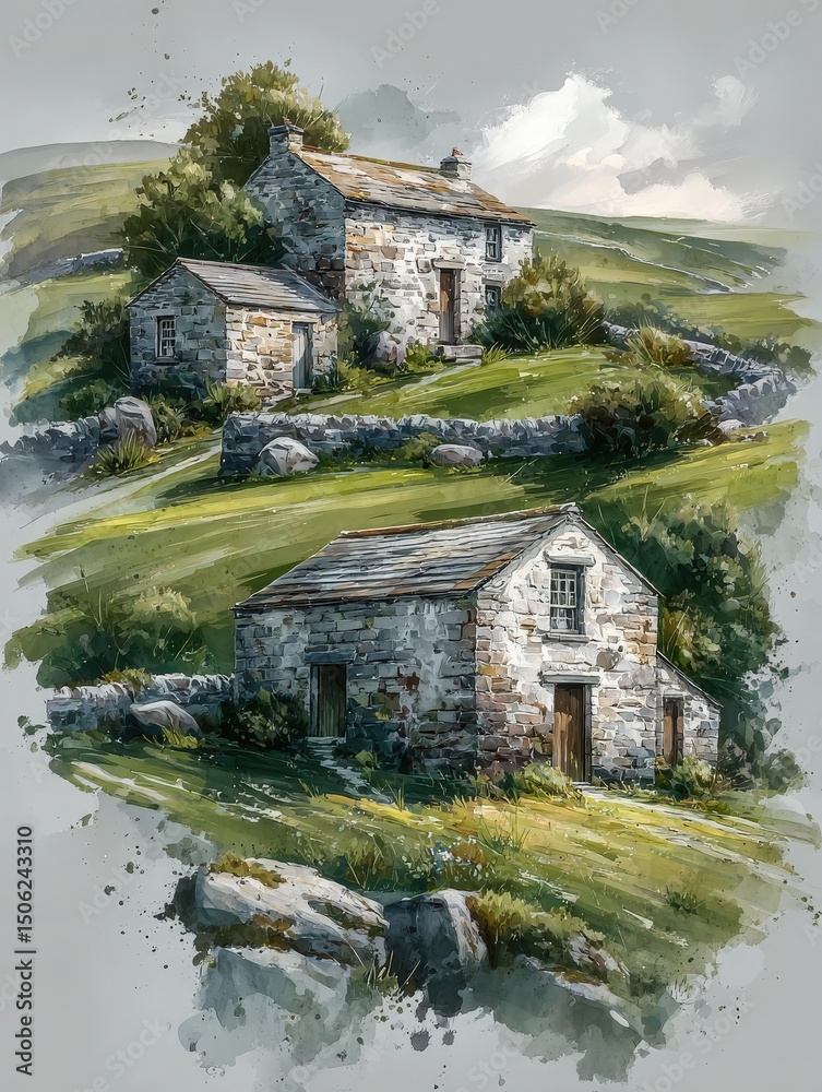 Two rustic stone cottages rest among lush green hills, surrounded by a rocky landscape. Soft clouds gather above, casting gentle shadows over the serene countryside.