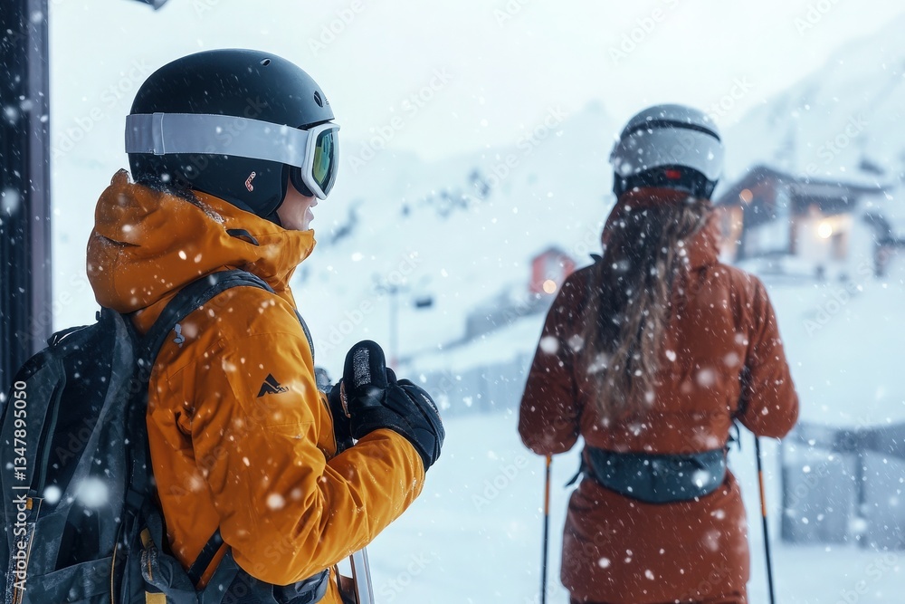 Two skiers gear up for a day on the slopes in a snowy mountain environment. They wear vibrant jackets and ski equipment, capturing the essence of winter sports amid falling snowflakes.