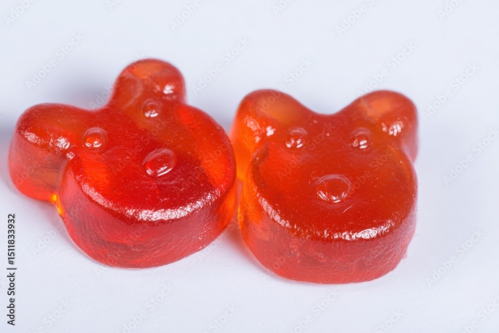 Two vibrant red gummy bear candies rest side by side on a plain white surface. The sunlight enhances their glossy texture, making them appear appealing and fresh.