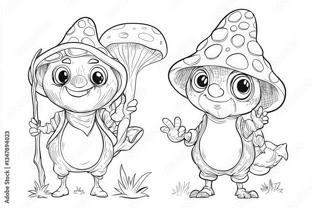 Two whimsical mushroom characters stand in a grassy area, each with distinct features. One holds a mushroom and a staff, while the other gives a peace sign, showcasing their playful nature.