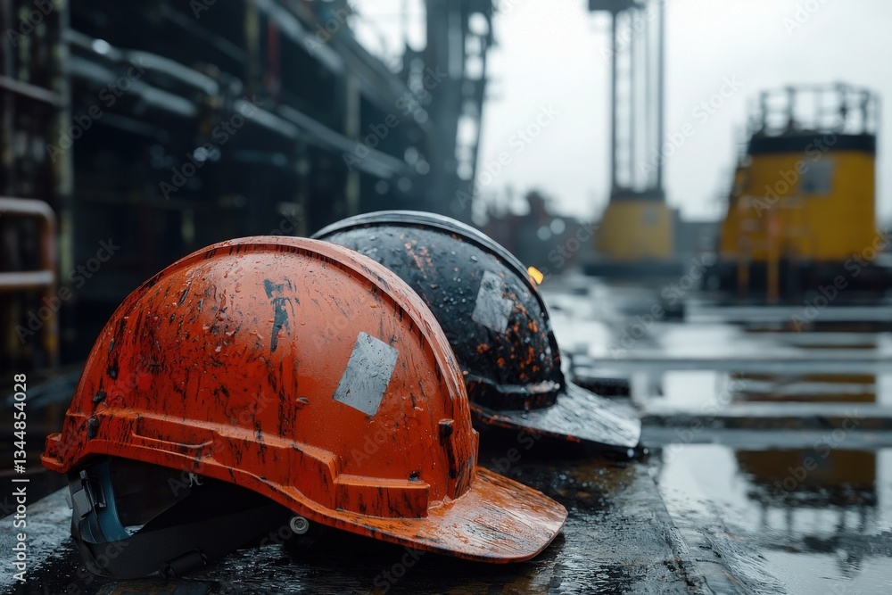 Two worn safety helmets, one orange and one black, rest on a wet surface at an industrial site. Surrounding machinery is partially obscured by a dreary, overcast sky, indicating a busy workday.