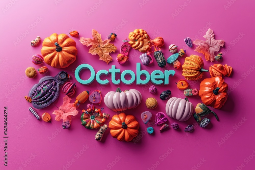 Various decorative pumpkins, leaves, and themed items are arranged artistically on a bright pink background. The word October in bold lettering is prominently featured amidst the festive display.