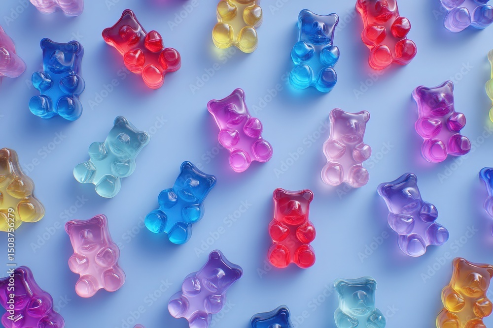 Various gummy bears in multiple colors are arranged on a blue surface. The shiny candies reflect light, creating an appealing and playful atmosphere that invites indulgence.