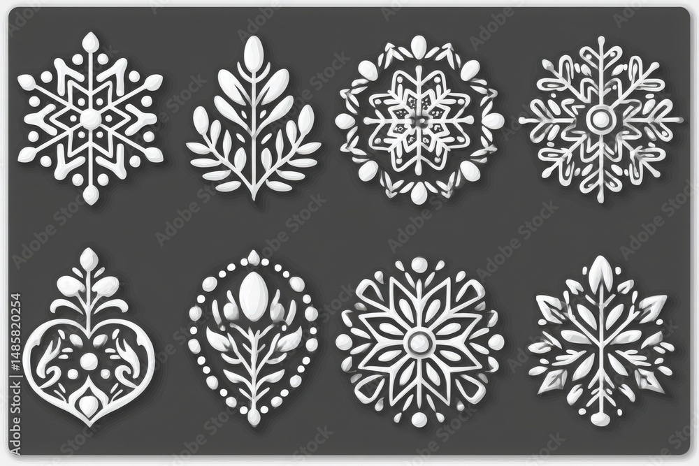 Various intricate white designs resembling snowflakes and floral motifs arranged on a dark surface. Each pattern showcases unique shapes ideal for seasonal decorations and crafts.