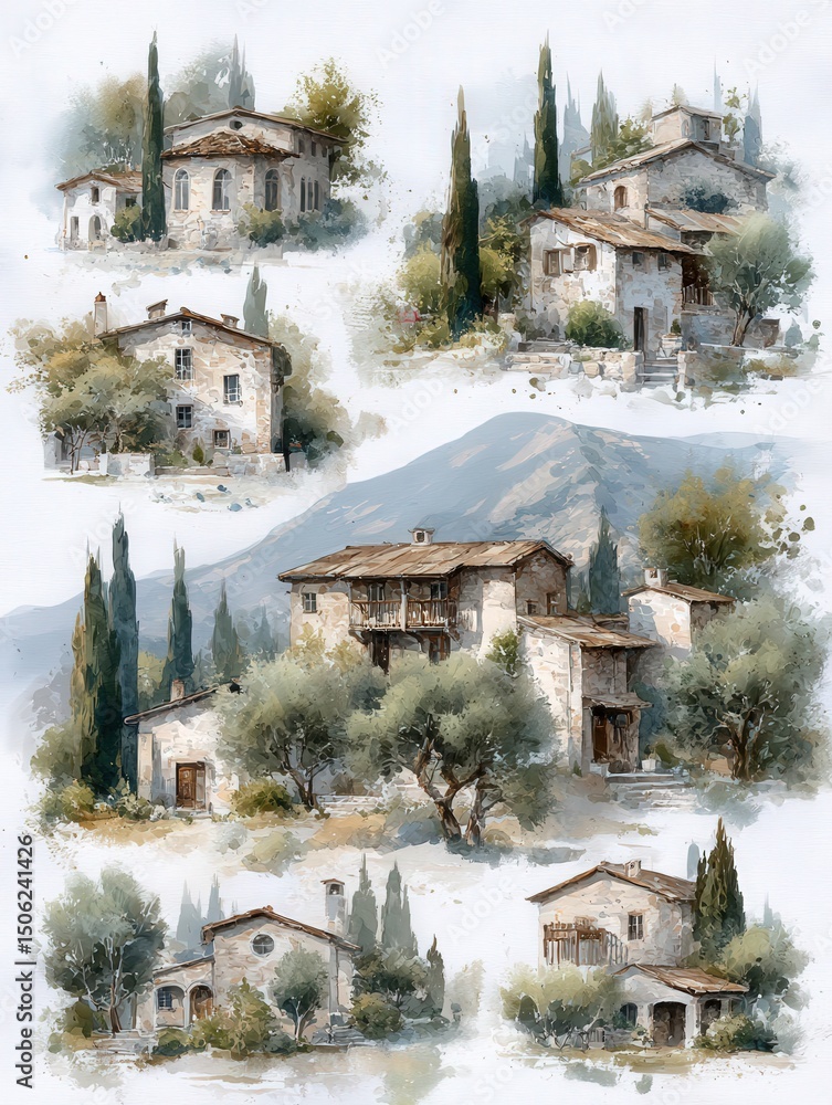 Various quaint buildings are depicted amidst lush greenery and tall trees, set against rolling mountains. The warm tones and soft brush strokes evoke a peaceful rural atmosphere.