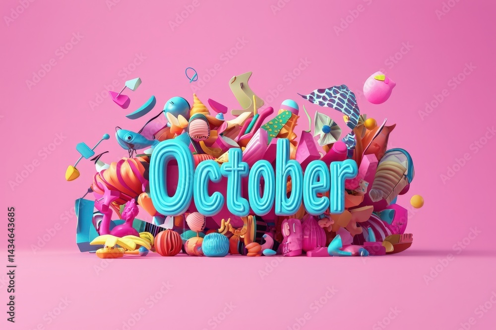Vibrant October decor showcases a variety of playful shapes and colorful elements against a pink background. The scene exudes energy and a festive atmosphere, celebrating the spirit of fall.