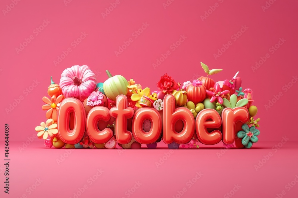 Vibrant and playful display of the word October surrounded by colorful flowers, pumpkins, and autumn-themed decorations. The bright pink background enhances the festive atmosphere.