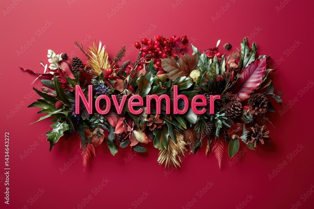 Vibrant autumn-themed arrangement displays leaves, berries, and pinecones with the word November prominently featured in bold letters, set against a rich red backdrop, evoking seasonal warmth.