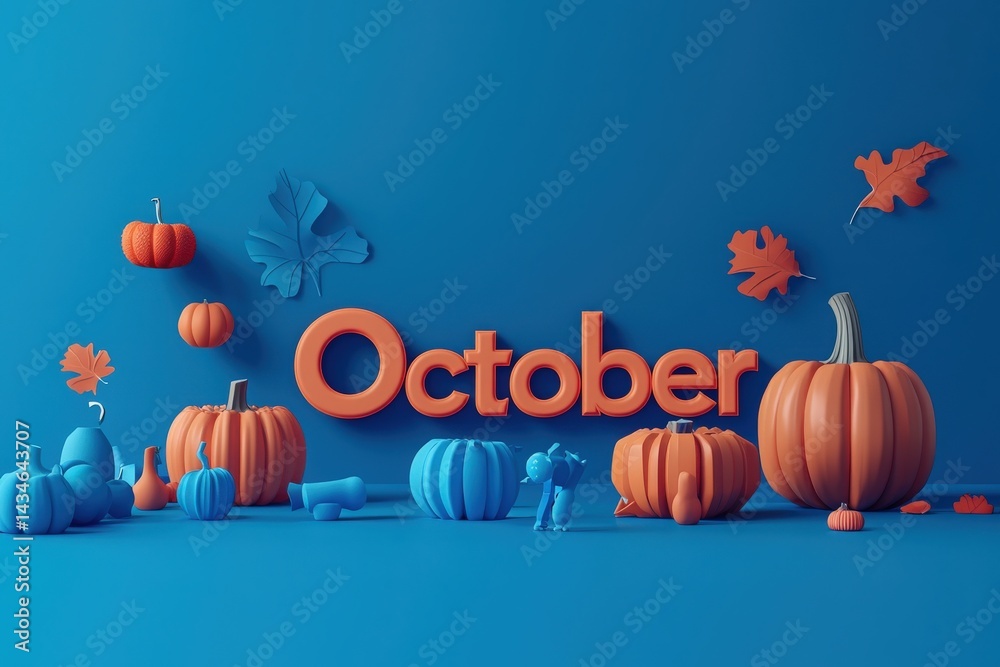 Vibrant autumn-themed setting displays orange and blue pumpkins alongside playful elements. The backdrop emphasizes the joyful spirit of October with seasonal decorations and leaves.