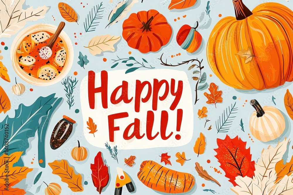 Vibrant autumn elements are arranged around the bold message celebrating fall. Pumpkins, leaves, and a warm bowl of soup create a cozy atmosphere representative of the season.