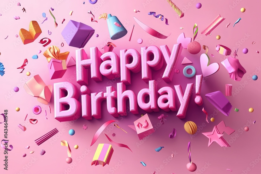 Vibrant birthday decorations and gifts scatter across a pink background. The bold text Happy Birthday! in playful font enhances the festive mood, perfect for a joyful celebration.