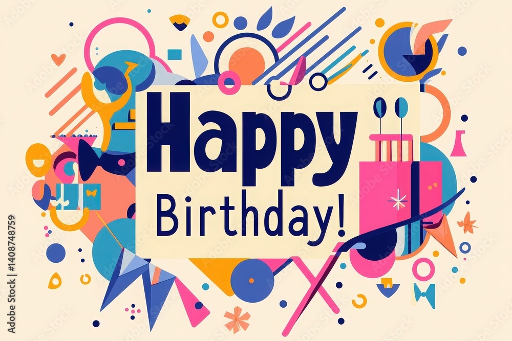 Vibrant birthday decorations burst with colors and shapes, showcasing a joyful atmosphere. Elements include festive designs like balloons, stars, and playful patterns that express celebration.