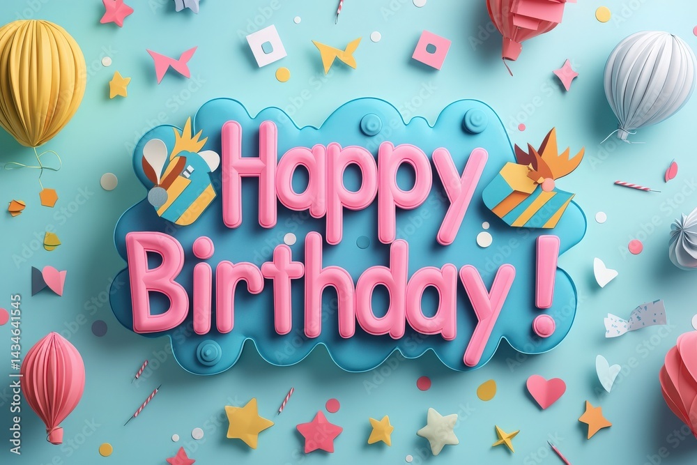 Vibrant birthday decorations feature the words Happy Birthday against a light blue background. Gifts, confetti, and balloons are creatively arranged, perfect for a festive occasion.