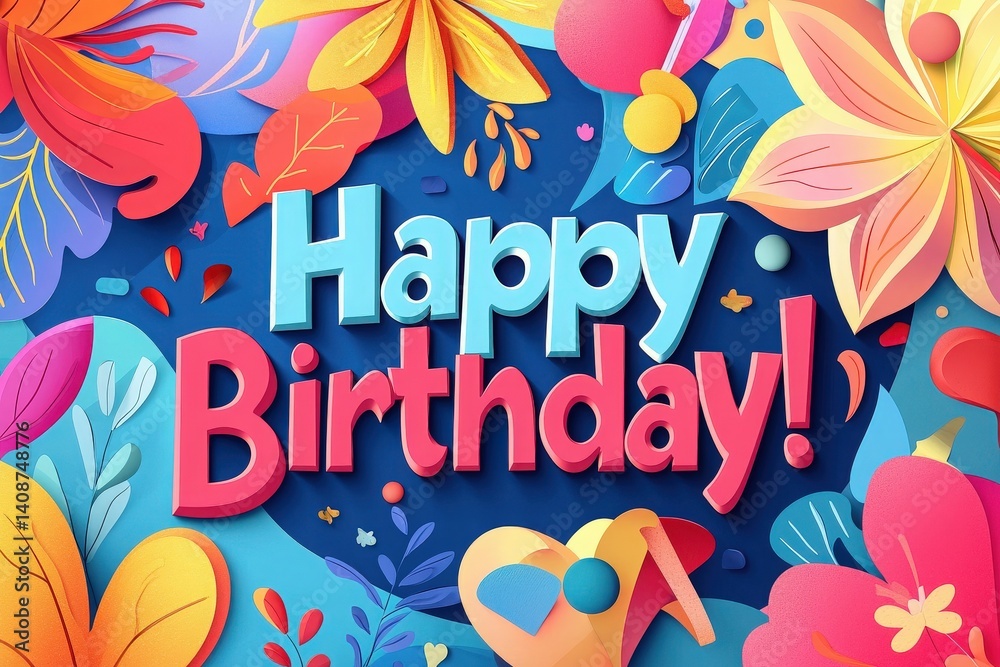 Vibrant birthday greeting featuring the words Happy Birthday! in bold letters surrounded by colorful flowers and leaves. The joyful atmosphere celebrates the special occasion.