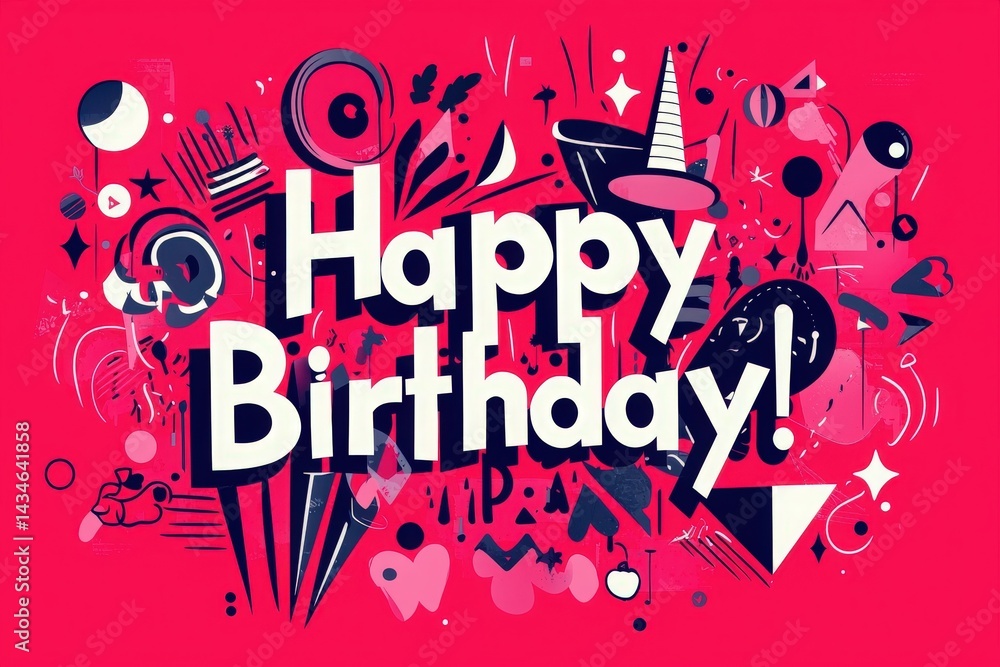 Vibrant colors fill the background featuring various shapes and patterns celebrating a birthday. The bold text conveys warm wishes and festive energy suitable for a joyful occasion.