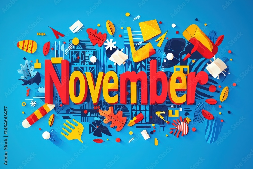 Vibrant design featuring the word November in bold red and yellow letters, surrounded by autumn-themed leaves, shapes, and decorative elements on a blue background.