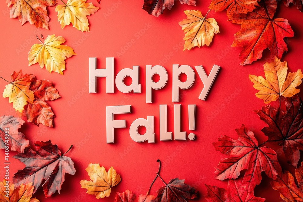 Vibrant fall leaves in shades of red, orange, and yellow surround whimsical text saying Happy Fall. The warm colors evoke the cozy spirit of autumn celebrations and seasonal changes.