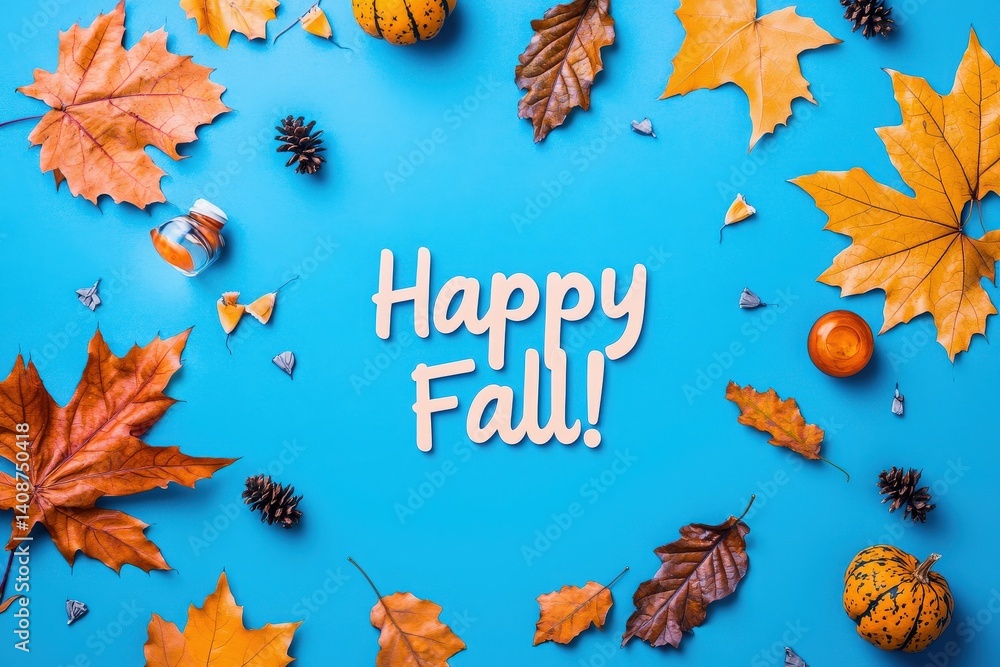 Vibrant fall leaves, mini pumpkins, and pinecones surround the cheerful message Happy Fall on a bright blue background, celebrating the beauty of the autumn season.