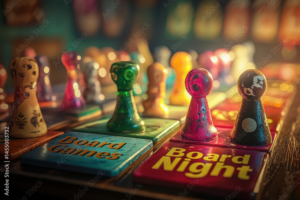 Vibrant game pieces and themed boards are arranged in a cozy game room, inviting friends for an evening of board games. The warm lighting creates a friendly and engaging atmosphere for players.