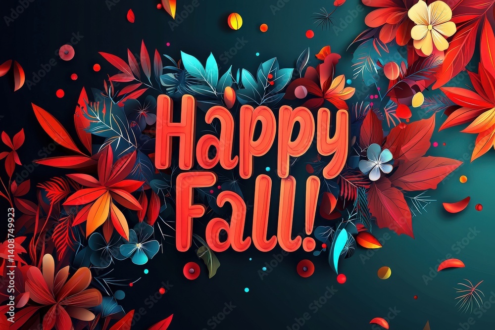 Vibrant leaves in various colors and floral elements create an inviting autumn ambiance with bold text wishing everyone a happy fall. The design captures the essence of the season beautifully.