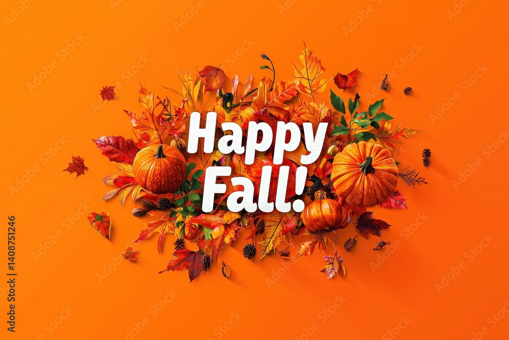 Vibrant oranges and yellows fill the scene with pumpkins and fall leaves scattered artistically. The words Happy Fall! express the joy of the season in a festive arrangement.