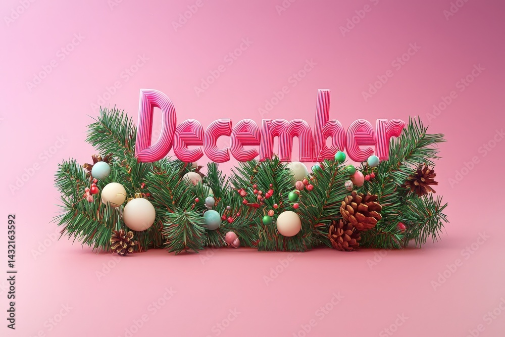 Vibrant pink December text is surrounded by festive pine branches, colorful ornaments, and pine cones against a soft pink background, capturing the spirit of winter festivities.