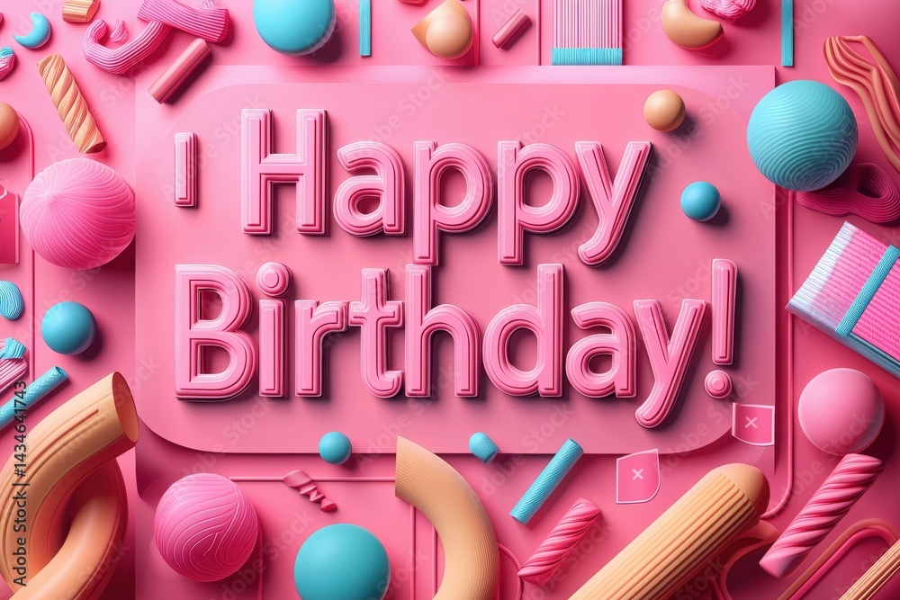 Vibrant pink background filled with decorative elements, including colorful shapes and the phrase Happy Birthday! in bold letters. This festive arrangement creates a joyful atmosphere.
