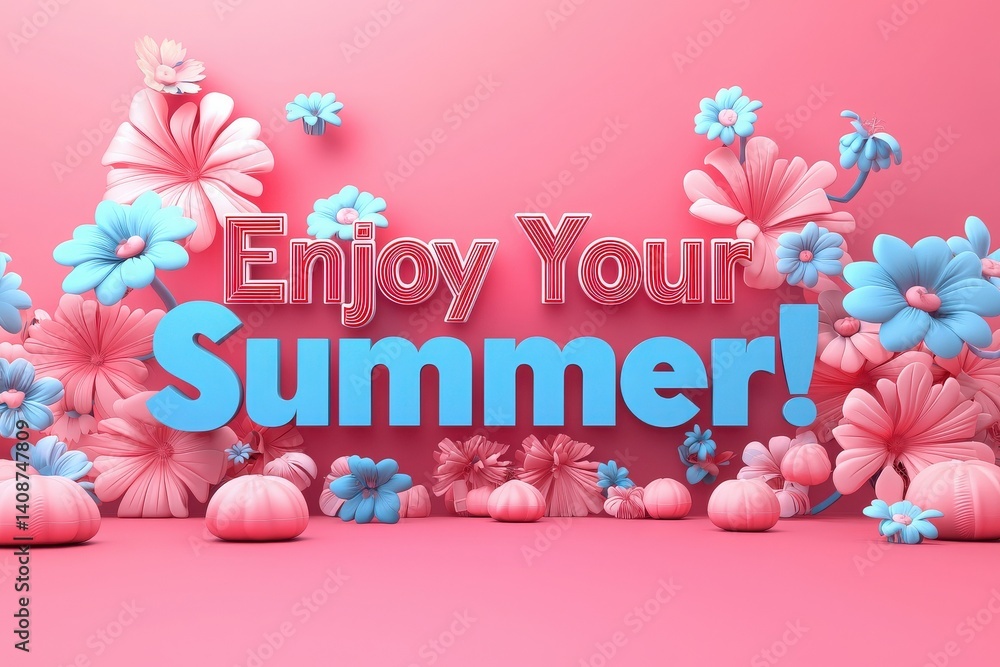 Vibrant summer-themed display features large pink and blue flowers set against a pink background. The cheerful phrase encourages joy and leisure during the summer season.