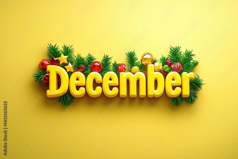 Vibrant yellow background features the word December adorned with festive greenery and shiny ornaments, capturing the essence of winter celebrations and holiday cheer.