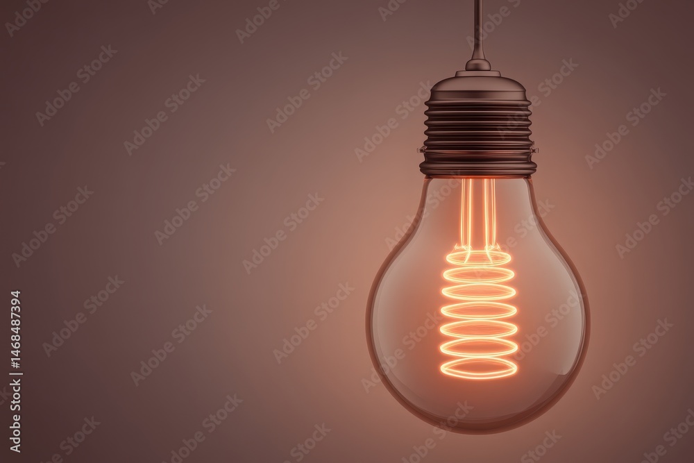 Vintage light bulb hangs from the ceiling, showcasing a glowing spiral filament. The warm light casts a soft ambiance in a minimalist setting, creating a cozy atmosphere suitable for relaxation.