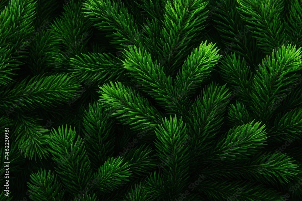 Vivid green pine branches create a dense, textured layer, showcasing their rich hues under bright sunlight. The intertwining needles hint at a thriving forest environment.