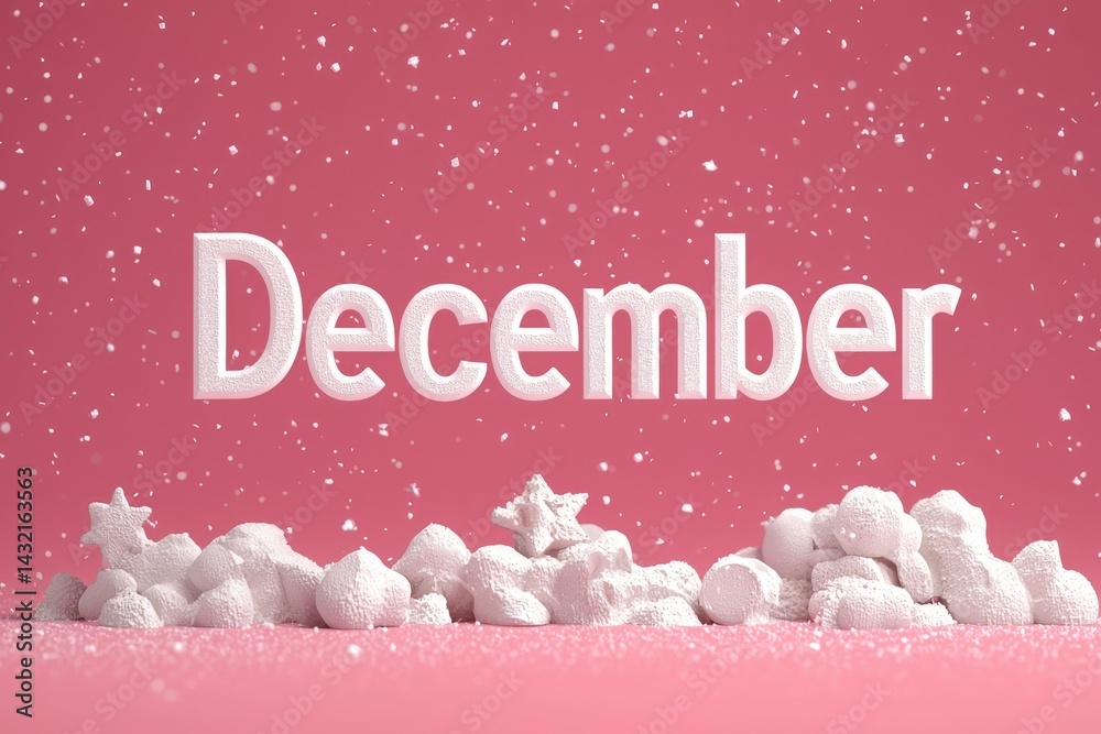 White letters spell December against a vibrant pink backdrop, accompanied by snow-like textures and festive shapes scattered across the base, creating a cheerful winter atmosphere.