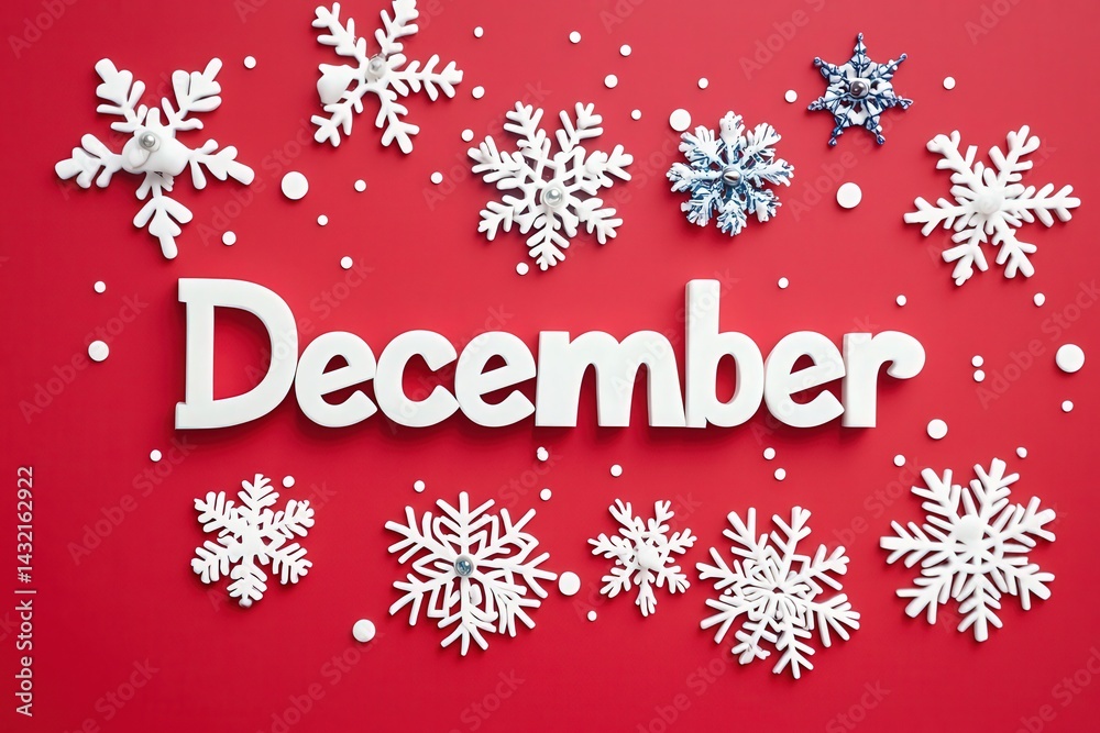 White snowflakes and a bold lettering of December are arranged on a vibrant red backdrop, creating a cheerful winter theme perfect for holiday celebrations.