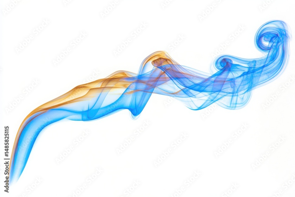 Wisps of blue and orange smoke flow elegantly against a white background, creating a mesmerizing abstract design that captures movement and fluidity in a captivating manner.
