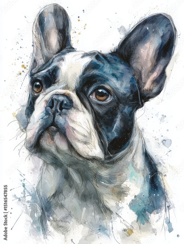 A French Bulldog is captured with detailed brushstrokes, showcasing its expressive eyes and distinctive features. The background features a blend of soft blue splashes enhancing its character.