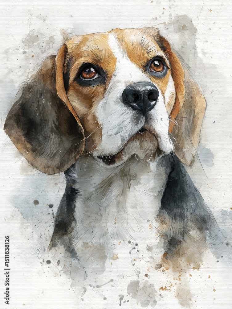 A beagle gazes upwards with an intent expression, its fur blending shades of brown and black. The background features a subtle watercolor effect, enhancing the dogs natural charm.