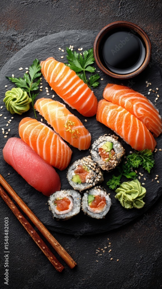A beautiful arrangement of sushi featuring vibrant slices of salmon and tuna, accompanied by avocado rolls, wasabi, and soy sauce. This colorful dish is perfect for any sushi lover.